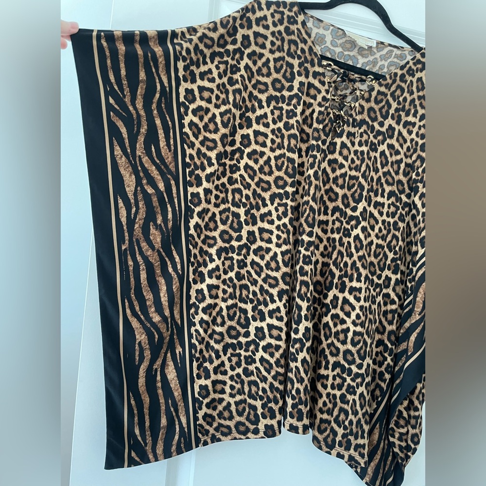 Michael Kors Size M Lace-Up Leopard Print Kaftan Tunic Blouse - Picture 4 of 7